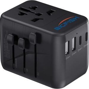 Bigfish Universal Travel Adapter, Worldwide Travel Plug Adapter with 2 USB A and 2 USB C, Dual 10A Fuses All In One International Travel Adapter - EU UK US AUS Plugs