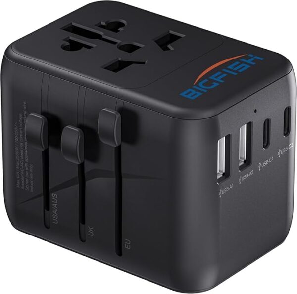 Bigfish Universal Travel Adapter, Worldwide Travel Plug Adapter with 2 USB A and 2 USB C, Dual 10A Fuses All In One International Travel Adapter - EU UK US AUS Plugs