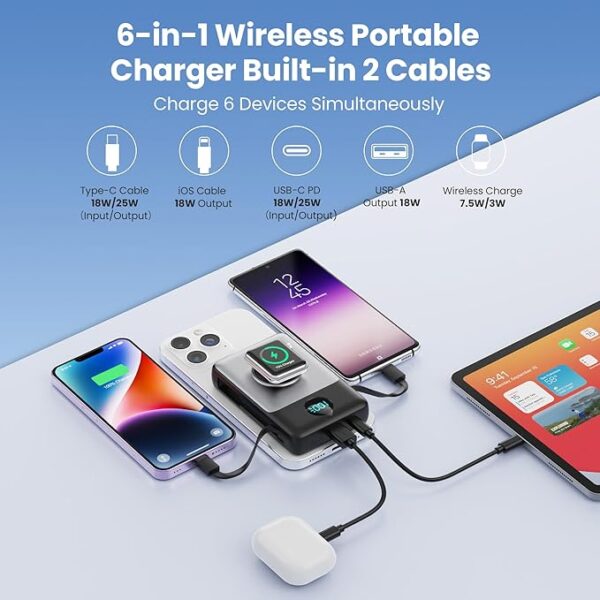 Magnetic Power Bank 10800mAh for iPhone with Built-in Cables, 6-in-1 Wireless Portable Charger with iWatch Charger, LCD Display 25W PD Fast Charging Battery Pack for iPhone 16/15/14/13/12, Apple Watch - Image 3