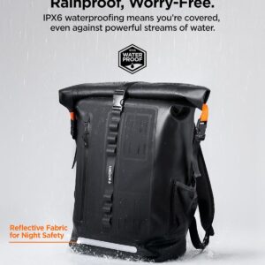 Spigen Waterproof Backpack IPX6 35L Roll Top Travel Rucksack Fits up to 16 Inch Laptop, Multi-Compartment Bag Ventilated Back, Chest Strap Hiking, Camping, Swimming, Canoeing, Fishing – Black