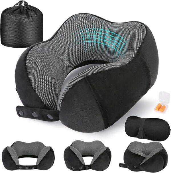 Cirorld Travel Pillow for Airplane, Neck Pillow for Travel, Memory Foam Travel Neck Pillow for Adults, Adjustable & Compact Flight Pillow, Ergonomic Neck Cushion, With Ear Plugs, Eye Mask, Carry Bag - Image 2